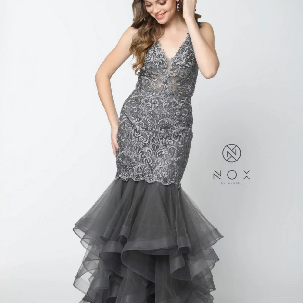 new steel color evening party Floral V-Neckline Sleeveless Long Prom Dress A059